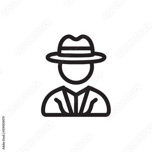 An outline icon of a person wearing a fedora and trench coat.