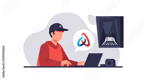 Young man working on laptop, conceptual illustration for website or blog post about travel planning, photography, or online business.