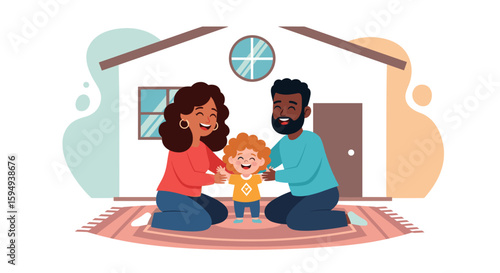 Happy diverse family playing with their toddler at home. Perfect for family, parenting, or real estate websites and brochures.