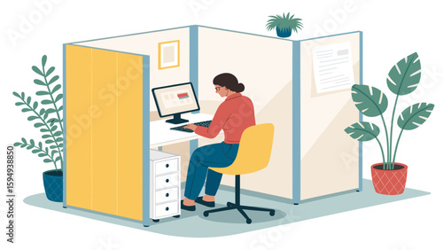 Woman working in modern office cubicle, perfect for website or brochure design.