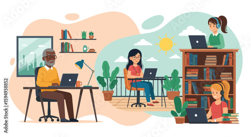 Diverse group of people working remotely from home, balcony, and library; perfect for illustrating remote work, telecommuting, or online learning.