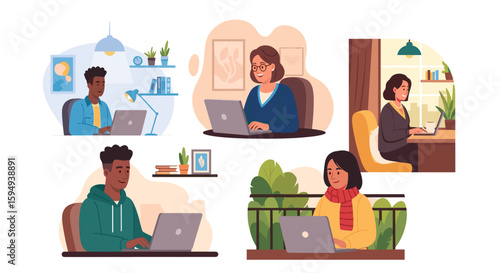 Diverse group of people working remotely from home, perfect for illustrating remote work, work from home, or telecommuting concepts.