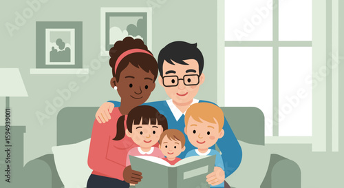 Happy diverse family reading a book together on a cozy sofa, perfect for family blogs and children's book websites.
