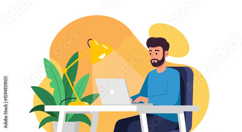 Man working on laptop at home office, ideal for website banners and blog posts about remote work.