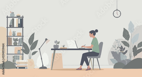 Woman working from home at her desk, perfect for blog posts about remote work or productivity.