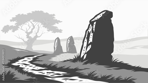 Dolmen landscape illustration vector art, ancient standing stones and nature scene design template