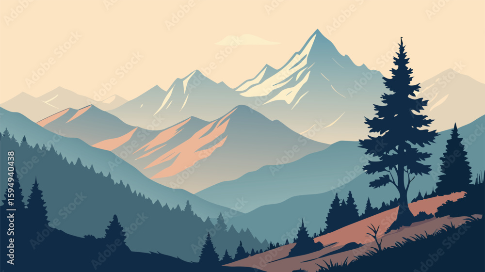 Fototapeta premium Tranquil Nature Scene of Mountains and Trees Silhouette