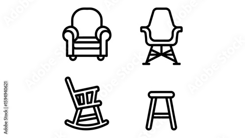 Vector art of a set of four different chair icons including a rocking chair