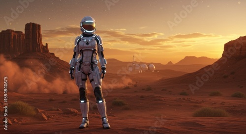 Futuristic astronaut explores Mars at sunset.