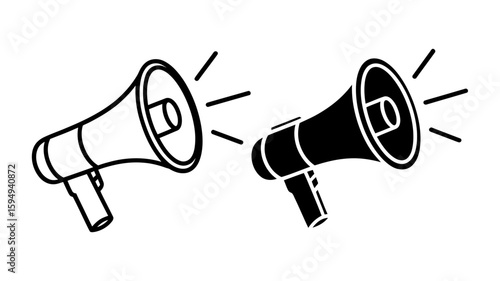 Vector art of two megaphone icons, one outlined and one solid black, announcing and broadcasting messages