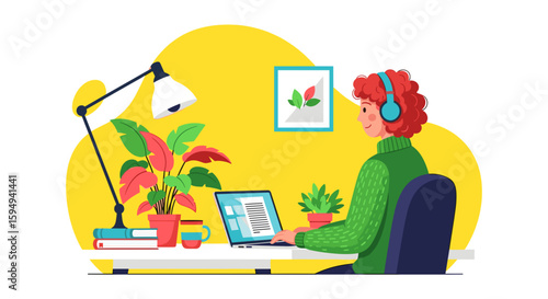 Person working from home at a desk with plants and headphones. Ideal for blog posts, articles about remote work, or productivity.