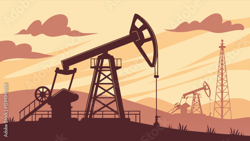 Oil field silhouette illustration of pump jacks and derrick at sunset for energy industry resources