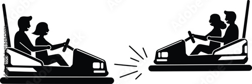 Action-Packed Bumper Car Fun, Friends Enjoying Rides, Amusement Park, Vector Illustration, Dynamic Environment, Side View