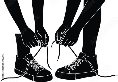 black sneakers tying laces, hands close up clip art preview