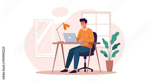 Happy man working on laptop at home office, perfect for website banners or blog posts about remote work.