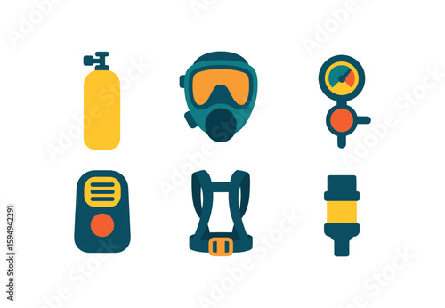 Scuba diving gear icons: tank, mask, regulator, depth gauge, harness