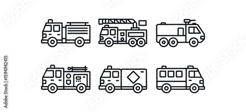 Black and white line art of fire trucks and emergency vehicles in a grid