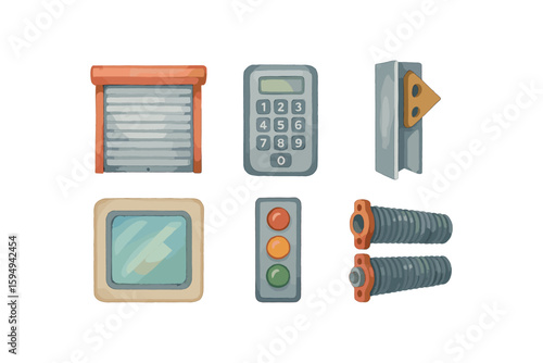 Garage door components icons: roll-up, keypad, wind-lock, glass panel, door-indicator, spring set