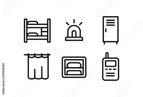 Line icons of bunk bed, alarm, locker, curtain, nightstand, intercom