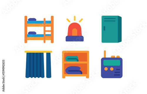 Dorm room essentials: bunk bed, alarm, locker, curtains, shelf, radio
