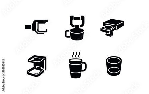 Black and white vector icons of office supplies and coffee cup