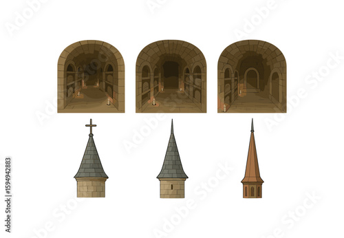 Medieval crypt and church spires with candles in dim light