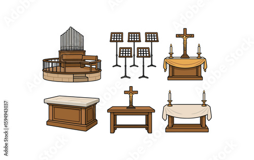 Illustrated church elements including organ, music stands, altar, and crucifix