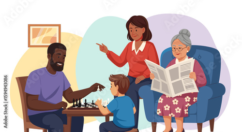 Multigenerational family playing chess and reading newspaper - perfect for family, togetherness, and intergenerational themes.