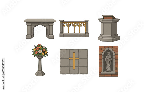 Stone memorials and grave markers: crosses, statues, and railings