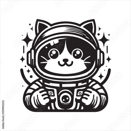 Adorable Cartoon Cat Astronaut in Space Suit with Sparkling Stars.