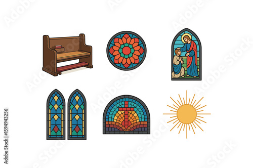 Stained glass windows and church pews in religious art