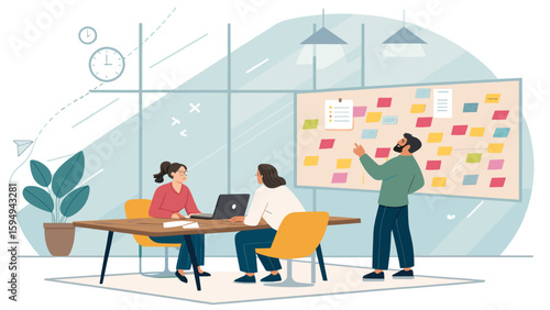 Team brainstorming session in modern office, ideal for project management or teamwork website or presentation.