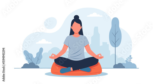 Woman meditating outdoors: illustration for wellness website or mindfulness app.