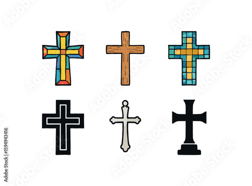 Set of six religious symbols: bells and crosses in diverse styles