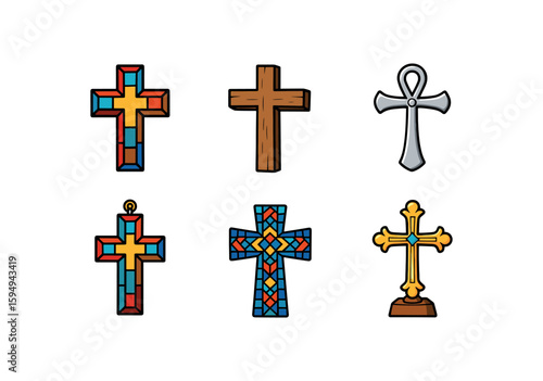 Collection of diverse christian crosses in various styles and colors