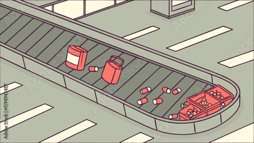 Conveyor belt carrying medicine bottles and boxes in a factory production line illustration concept