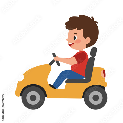 Young boy joyfully driving a yellow toy car outdoors, white background, isolated, vector 