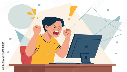 Frustrated man yelling at computer screen, perfect for illustrating stress, anger management, or tech support articles.