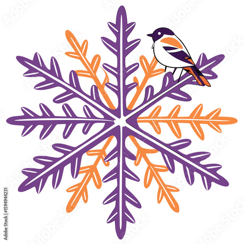 Clean hexagonal snowflake with varied shapes in purple, for modern geometric winter art.