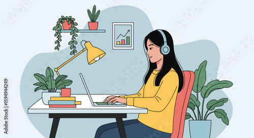 Woman working from home on laptop, wearing headphones. Ideal for blog posts about remote work, productivity, or online learning.