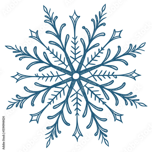 Symmetrical graphic winter snowflake, isolated on clean background for sharp visuals.