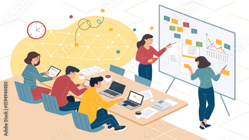 Teamwork, brainstorming, and project planning: A vibrant illustration perfect for presentations, websites, and marketing materials.