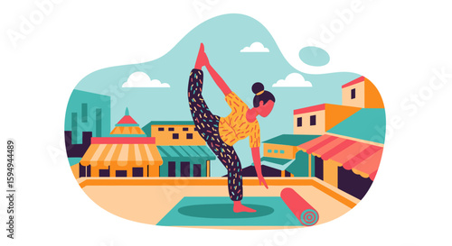 Woman practicing yoga on a rooftop overlooking a vibrant cityscape. Ideal for wellness blogs, fitness websites, and travel brochures.