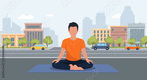 Man meditating in lotus position on yoga mat in city setting. Perfect for mindfulness, well-being, and urban lifestyle websites or brochures.