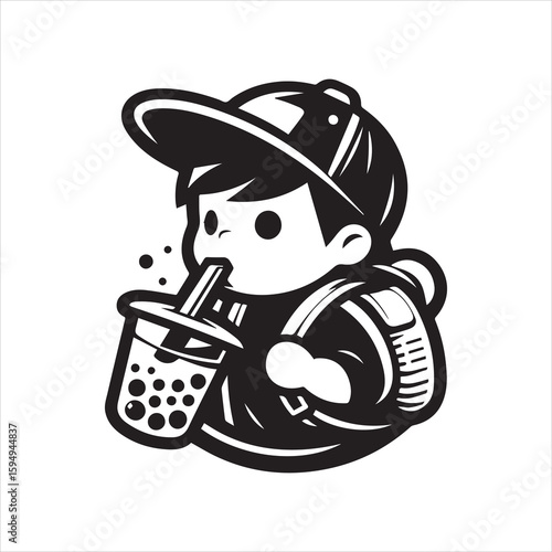Cartoon Boy Sipping Boba Tea with Backpack in Black and White.