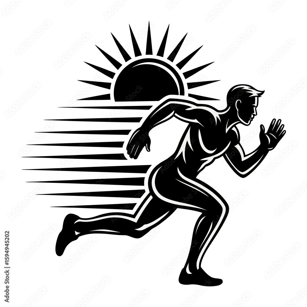 Fototapeta premium Dynamic Silhouette of a Runner with Sun and Motion Lines Capturing Speed and Energy in Artistic Black and White