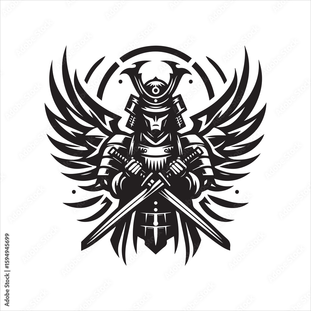 Obraz premium Detailed Samurai Warrior with Winged Design and Crossed Swords.