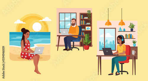 Remote Work Illustration: Diverse People Working from Different Locations, Perfect for a Blog Post or Presentation on Flexible Work.