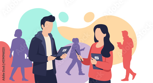 Two colleagues collaborating, perfect for illustrating teamwork and communication in business presentations or website banners.