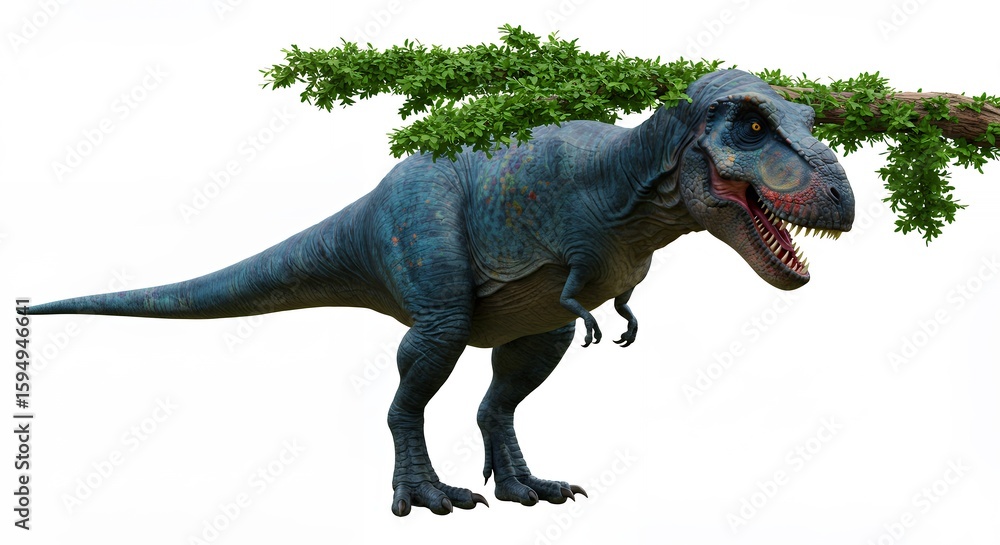 Fototapeta premium Blue dinosaur with evergreen foliage illustration